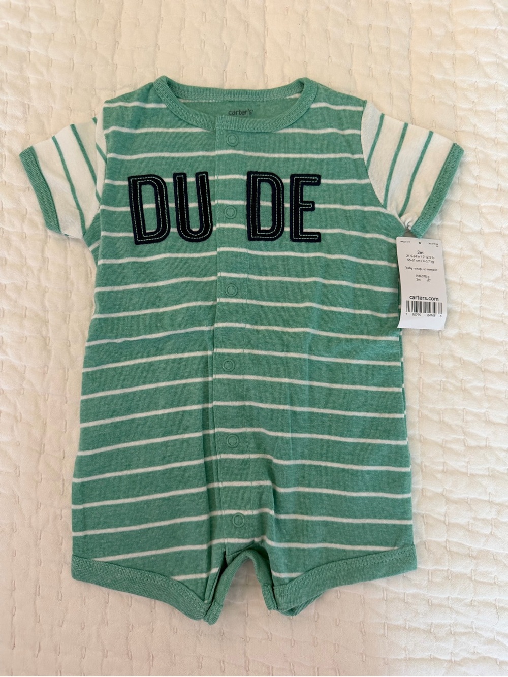 Carter's Green and White Striped "DUDE" Short-Sleeve One-Piece